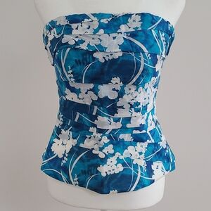 White House Black Market Blue and White Floral Strapless Top